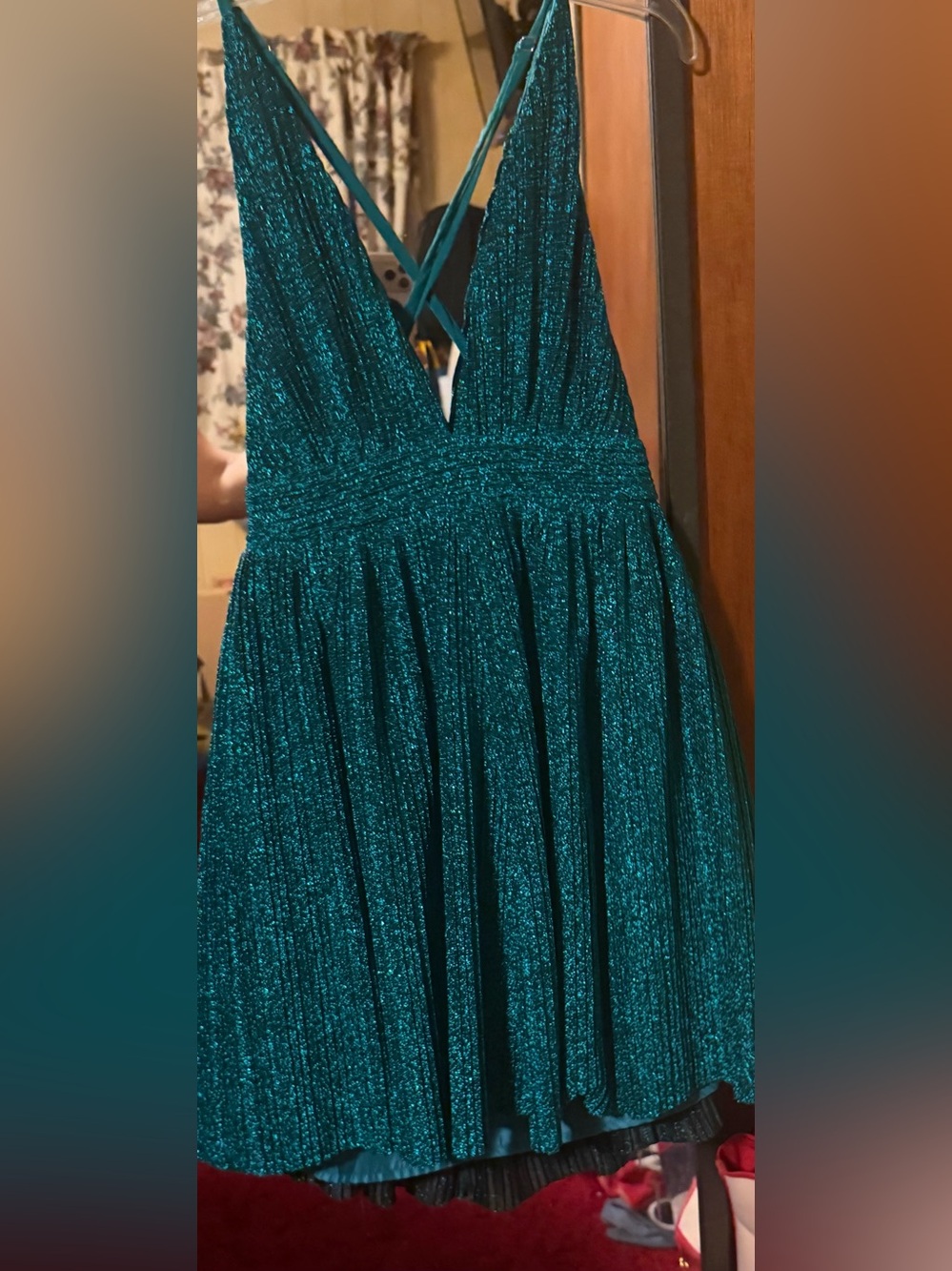 Luxxel Shimmering Teal V-Neck Pleated Prom Dress